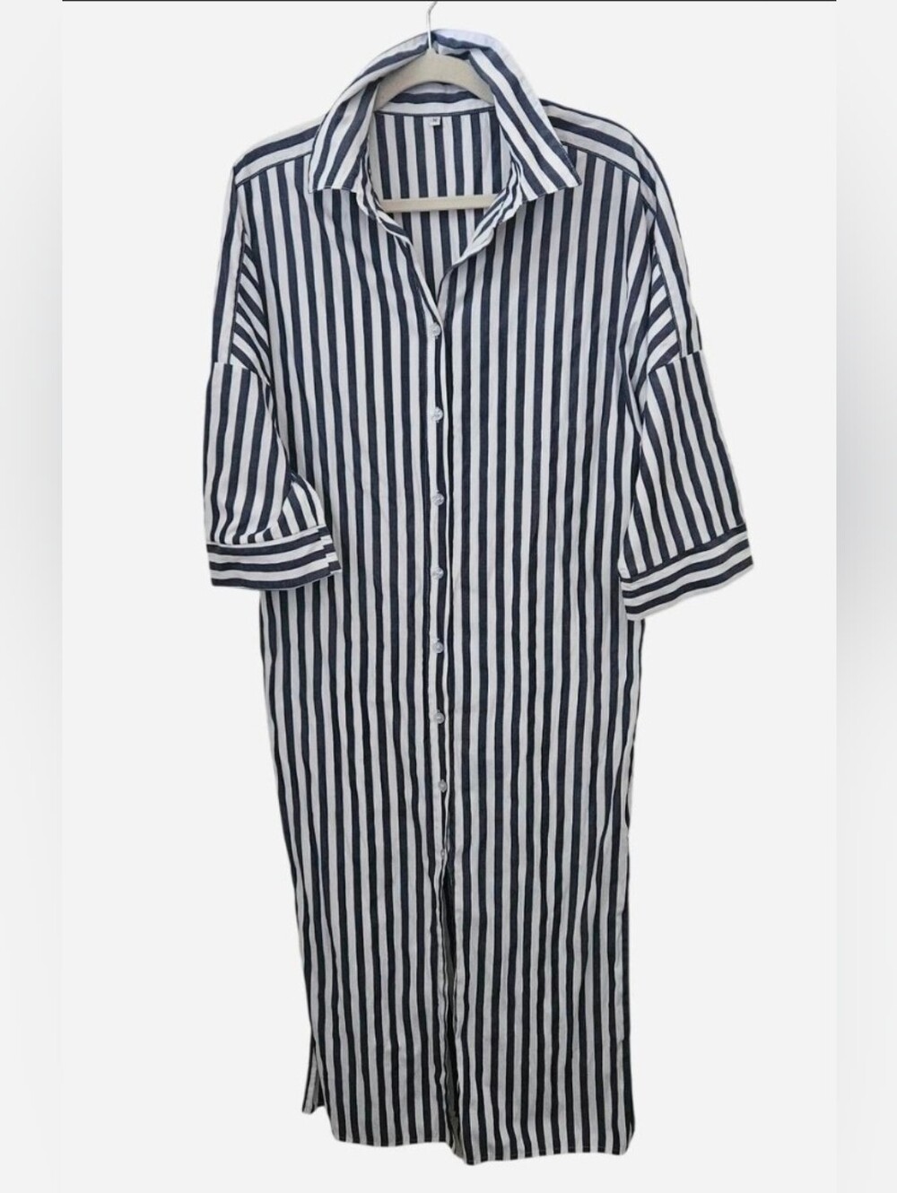 Coastal Striped Maxi Shirt Dress Short Sleeve Button Down Longline Side Slit M